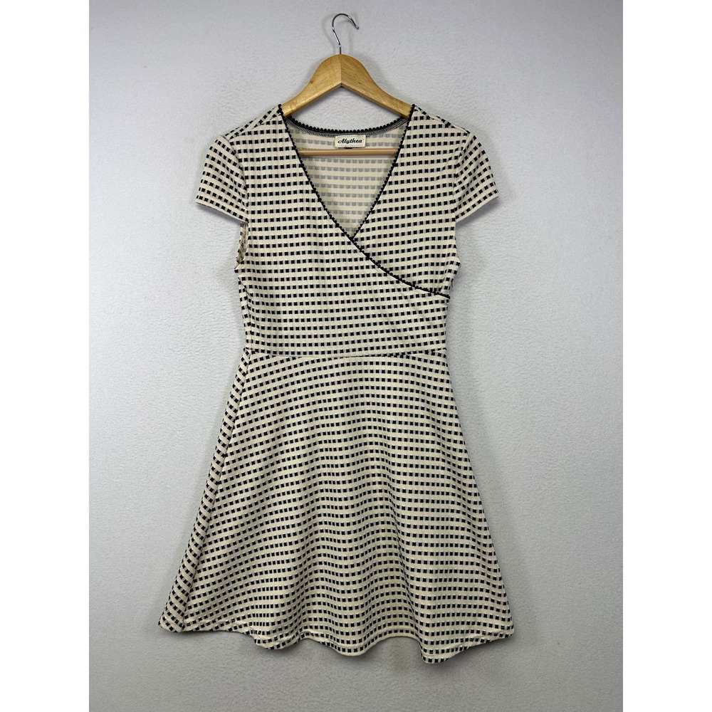 Retro Mod Alythea Womens Medium Cream Black Grid V-Neck‎ Fit & Flare Dress